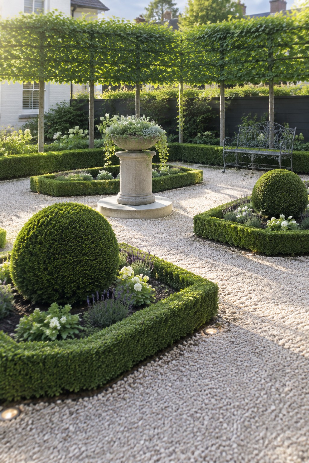 A gravel garden with clipped round shrubs, low boxwood borders, raised beds, and a central stone urn under a vine-covered pergola.