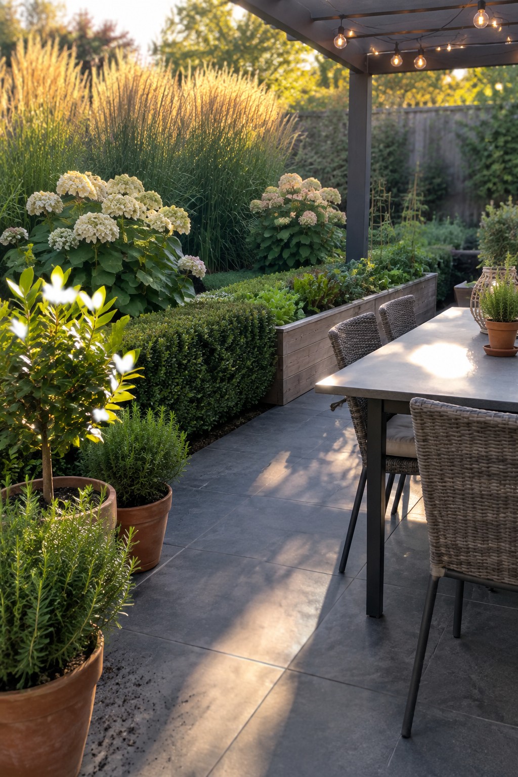 An outdoor patio area features a gray dining table with woven chairs, terracotta pots with shrubs in the foreground, raised wooden planters with vegetables and herbs, flowering hydrangeas, box hedges, tall grasses, and a pergola with string lights.