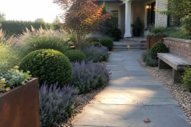 A winding stone path bordered by layered garden beds with rounded shrubs, purple lavender, tall ornamental grasses, and small trees next to a house entrance.