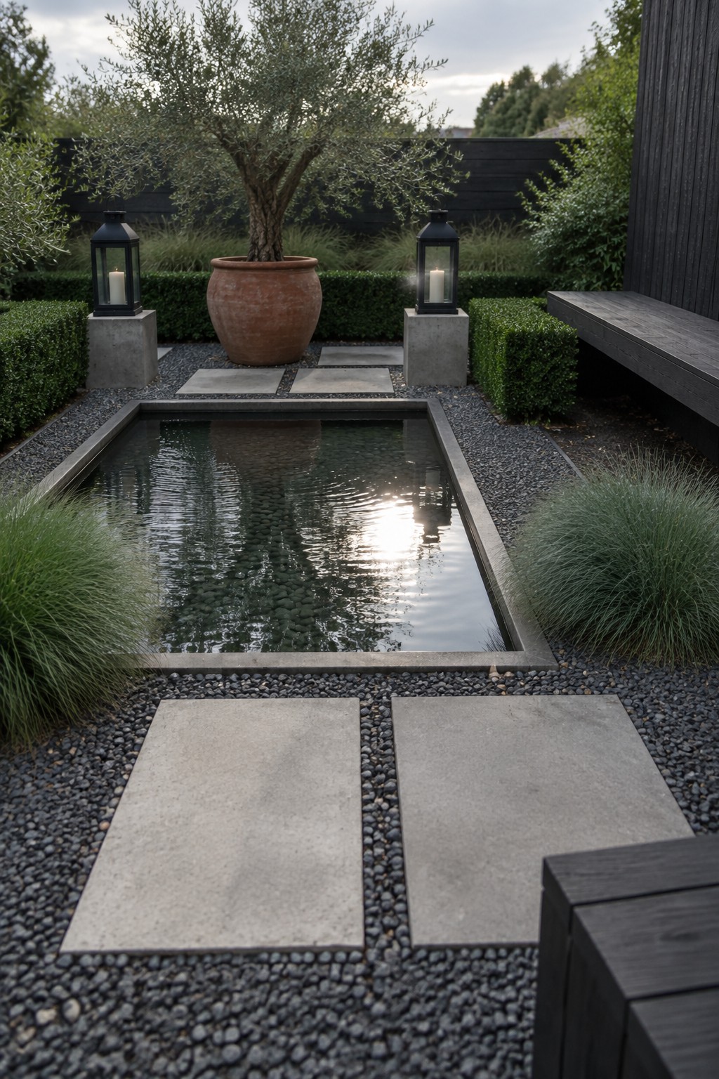 A rectangular reflecting pond edged in stone sits in a gravel garden with large pavers crossing the foreground, flanked by clipped hedges, ornamental grasses, black lanterns on concrete bases, and a terracotta pot holding an olive tree.