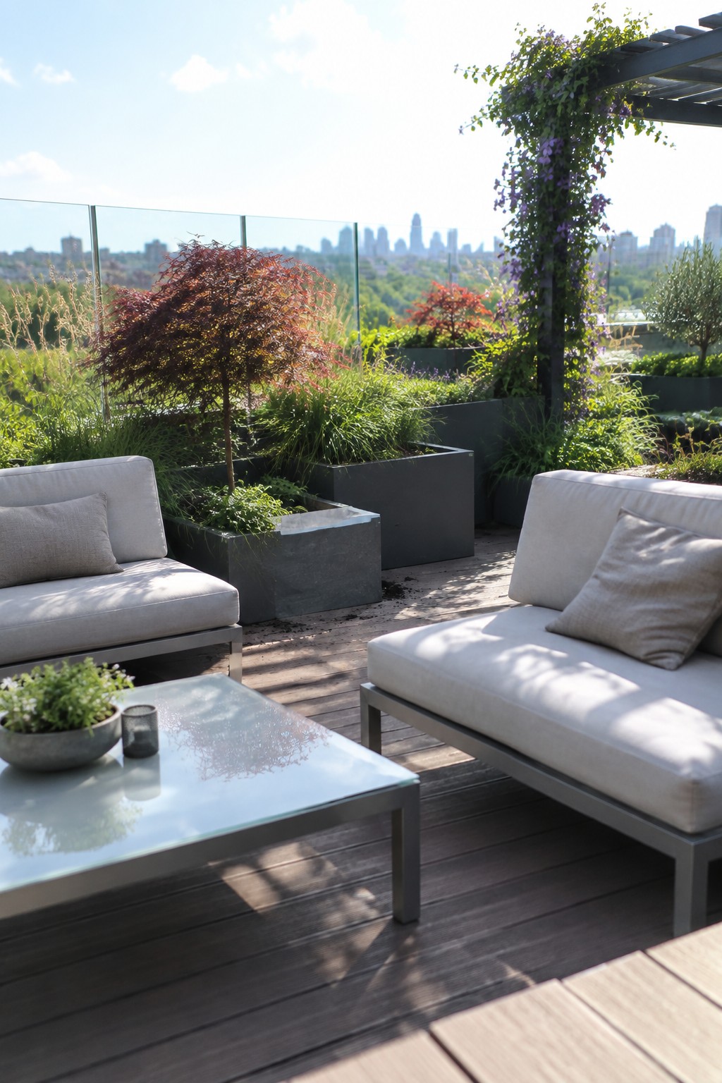 Rooftop terrace with two light gray sofas, a glass coffee table, and several large rectangular gray planters filled with trees, grasses, and shrubs overlooking a city skyline.