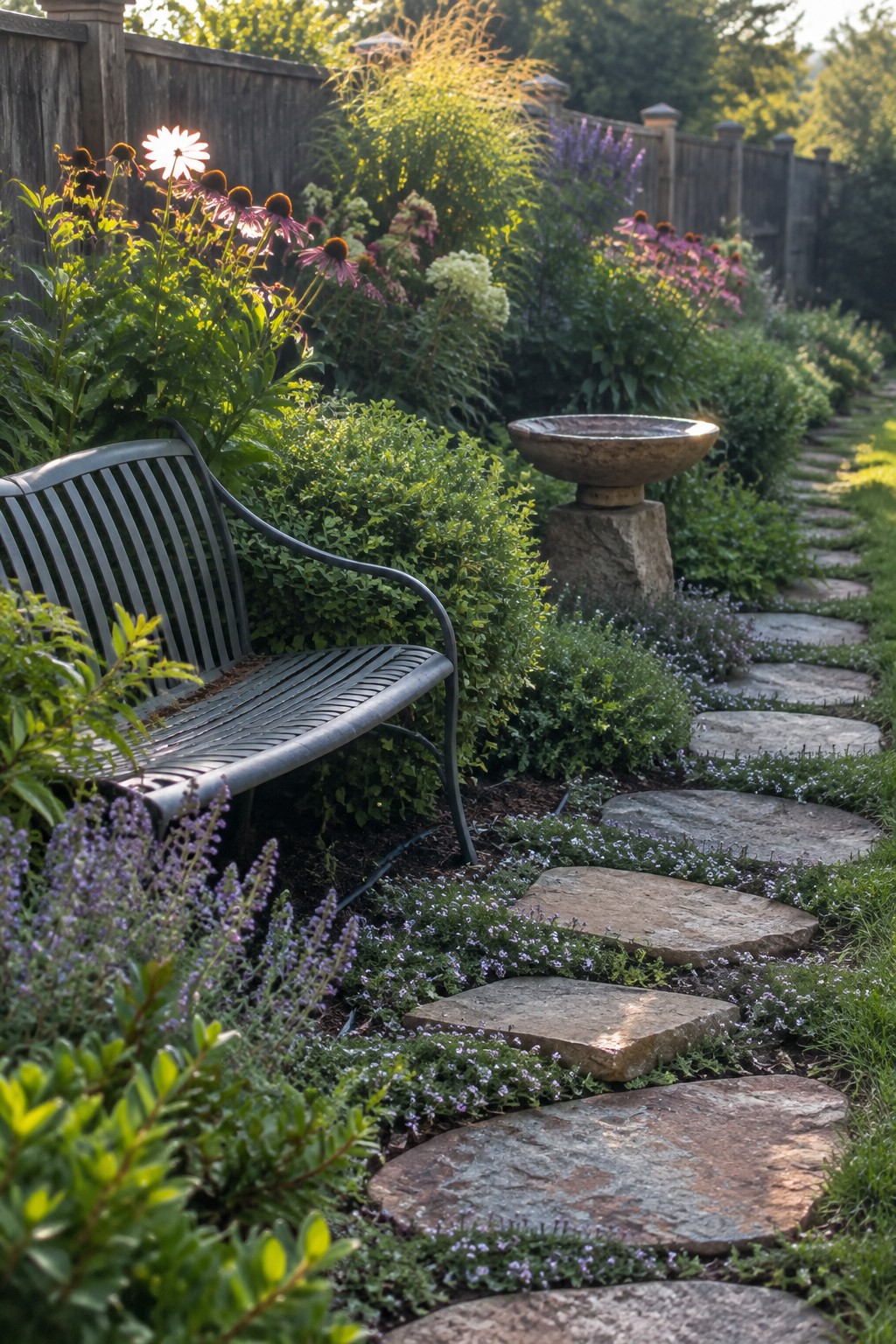 A stone path curves through a garden with low purple ground cover edging the stones, medium green shrubs behind them, and taller pink and white flowers in the background next to a metal bench.