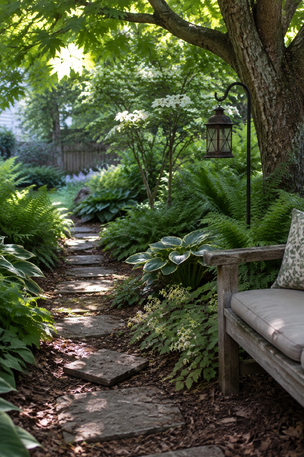 A winding stone path through a garden lined with layered plants including ferns, hostas, and white flowering shrubs, with a wooden bench and lantern on the right.