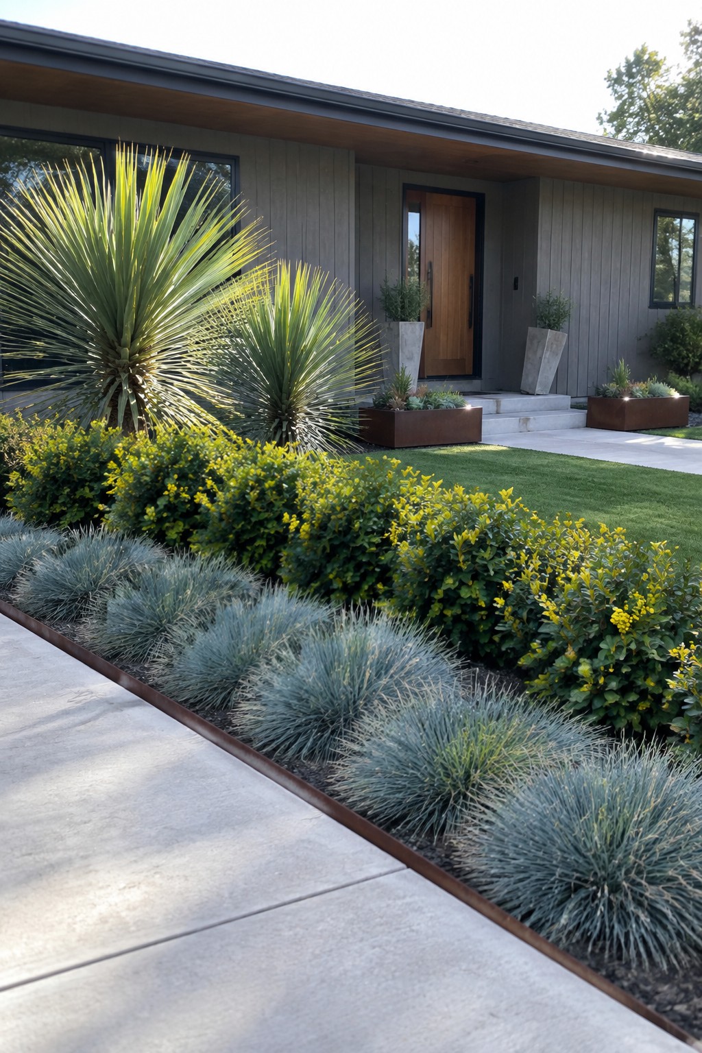 A front yard landscaping bed with low blue-green grass mounds in front, yellow-green shrubs behind them, and tall spiky plants near the house wall, bordered by a concrete walkway and metal edging.