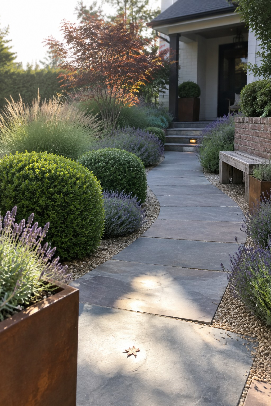 A winding stone path bordered by layered garden beds with rounded shrubs, purple lavender, tall ornamental grasses, and small trees next to a house entrance.
