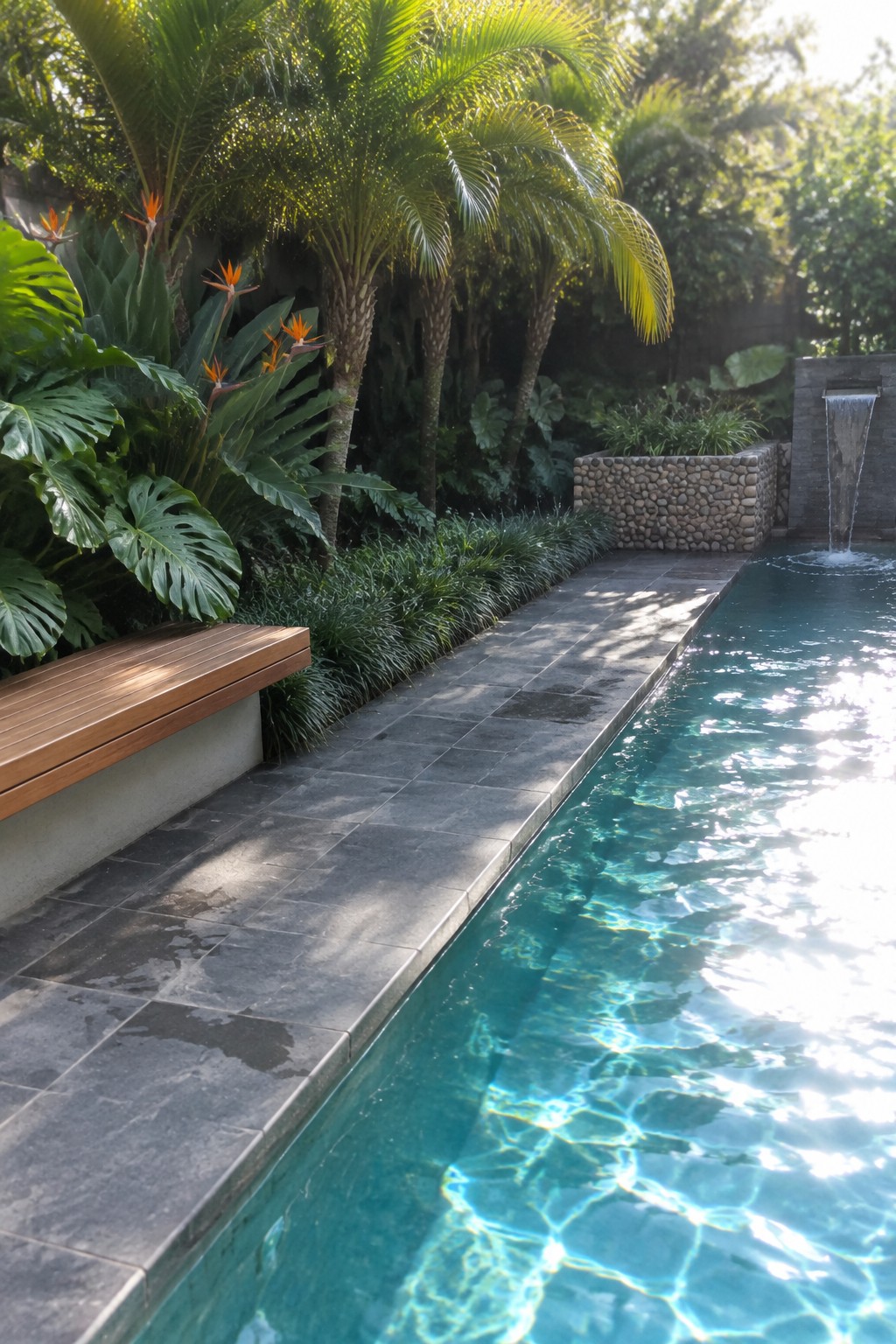A long swimming pool with clear blue water is lined by dark stone tiles, a wooden bench, and layered tropical plants including tall palms, broad leaves, and low grasses, with a small stone water feature on the right.