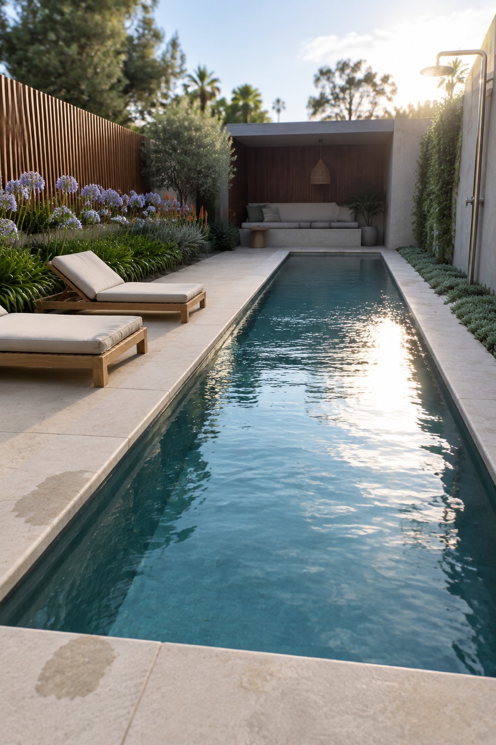 A narrow lap pool lined with layered garden beds containing purple flowers, green shrubs, and low ground cover plants next to wooden lounge chairs.