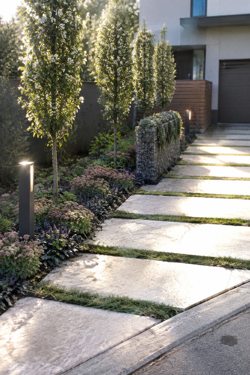 A stone pathway lined with layered garden beds featuring tall trees, low flowering shrubs, and a gabion wall beside a modern house.