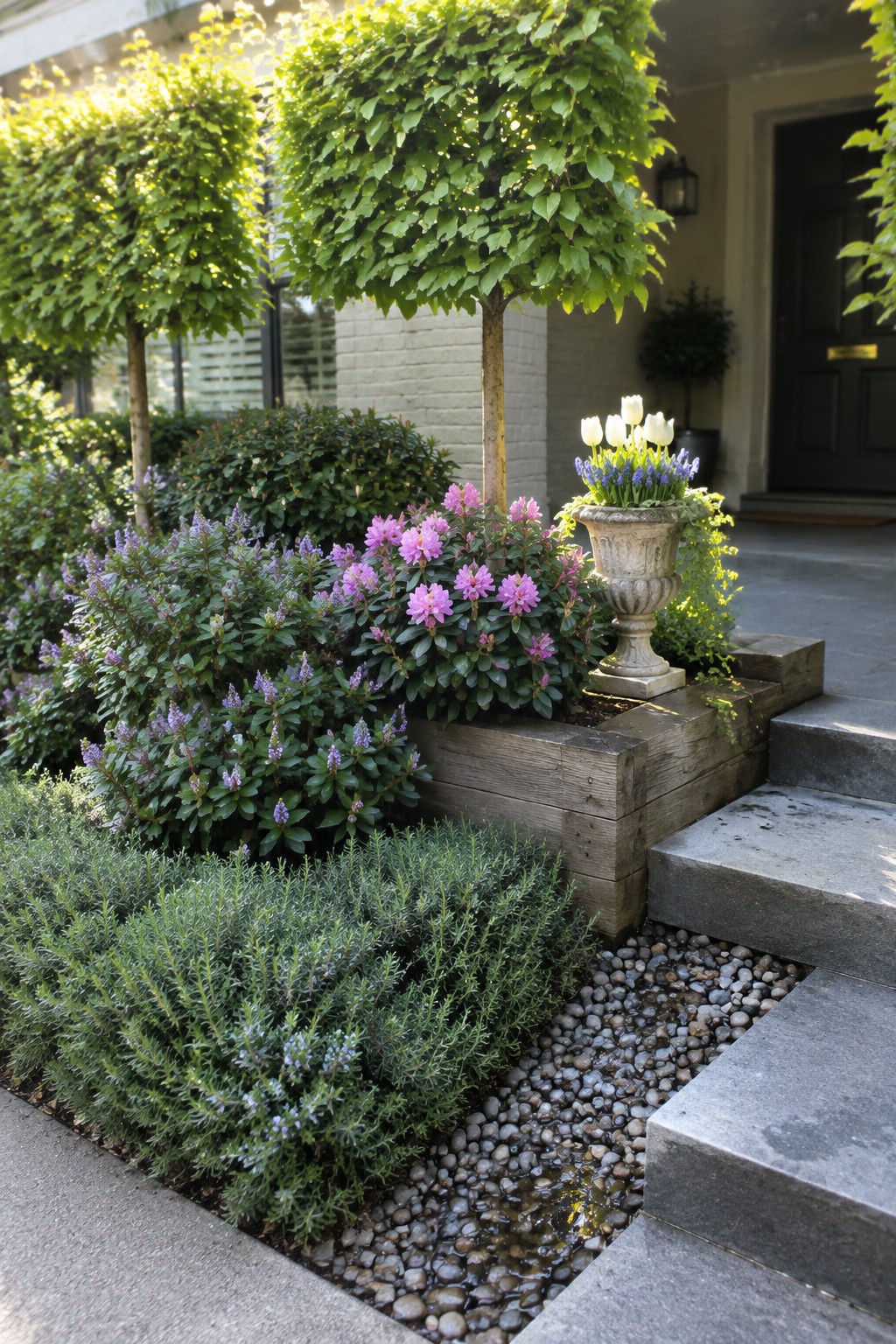 A front garden bed with low green ground cover, mid-height purple flowering shrubs, taller trees, a wooden raised planter holding an urn of white flowers, gravel edging, and stone steps leading to a door.