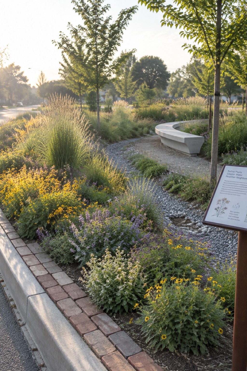 A landscaped garden bed with layered native plants in yellow, purple, and green tones, bordered by brick and concrete edging next to a gravel path.