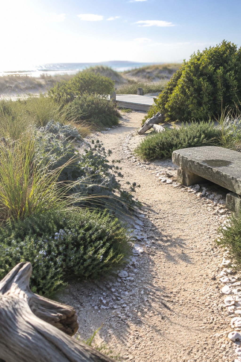 A sandy path bordered by layered coastal shrubs, grasses, and low ground cover leads past a stone bench toward a wooden boardwalk over dunes.
