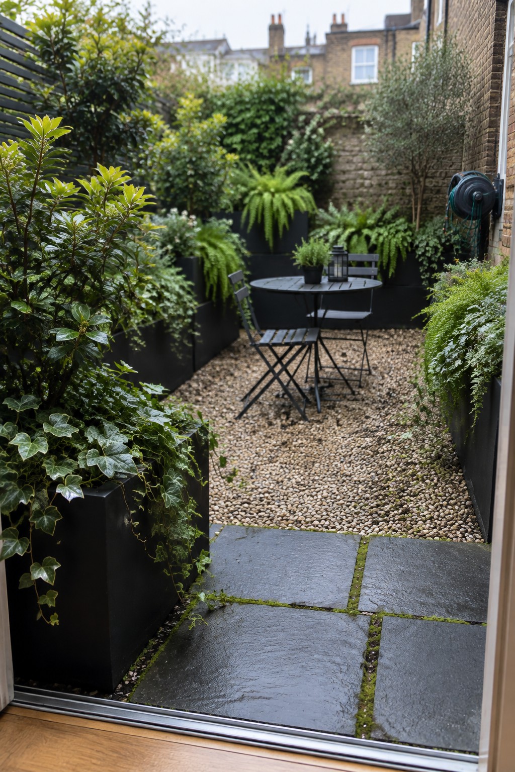 A small courtyard garden viewed from a doorway, featuring multiple black rectangular planters with layered green plants along a gravel path, a round black table with two chairs, and stone pavers leading into the space.