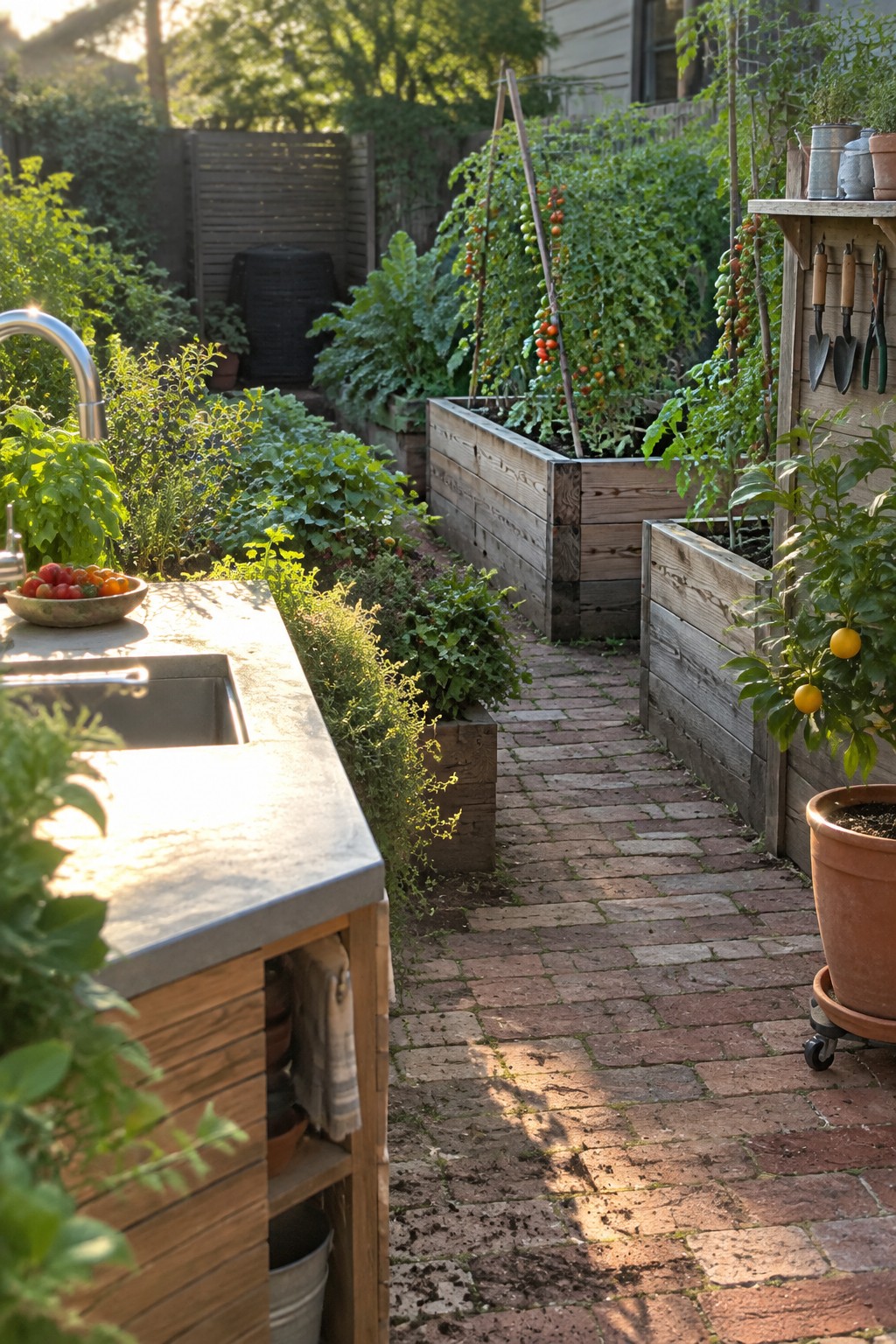 A backyard garden with wooden raised beds growing tomatoes and leafy plants, a brick pathway running between them, and an outdoor concrete sink with a bowl of tomatoes on top.