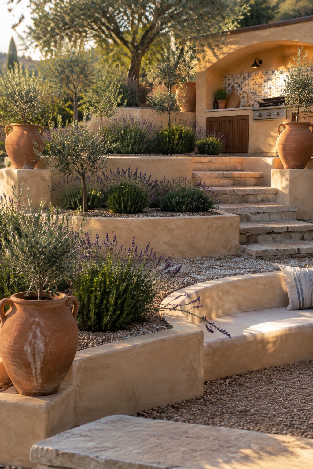 Sunlit Mediterranean garden with terracotta pots, lavender, stone steps and bench.