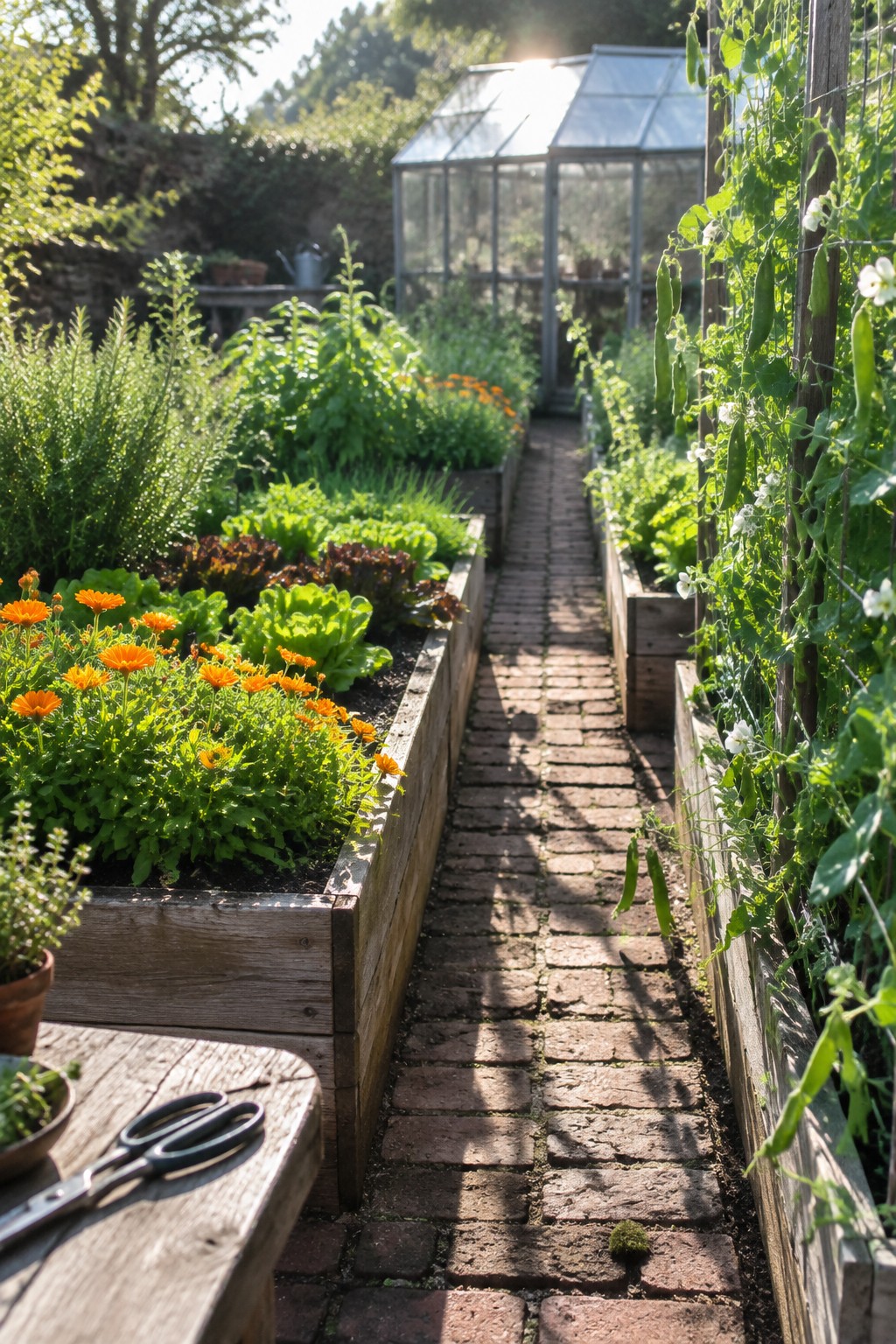 A brick garden path runs between raised wooden beds filled with layered flowers, herbs, and climbing vegetables, with a greenhouse in the background.