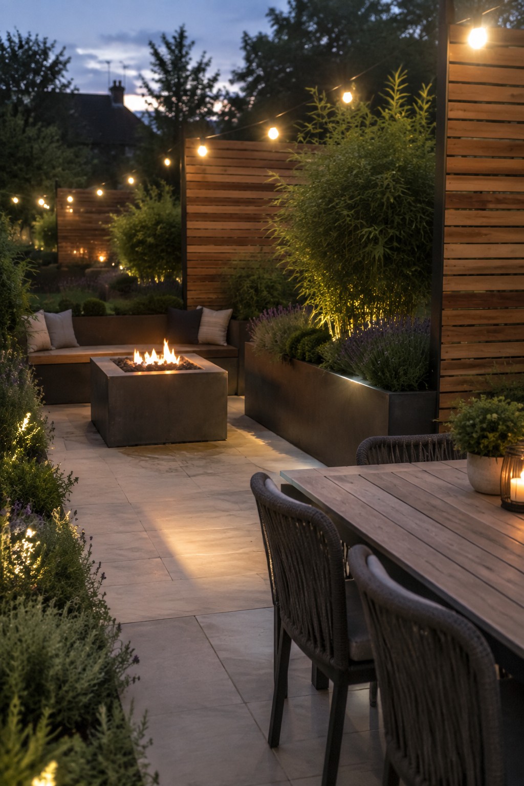 An outdoor patio at dusk with a square concrete fire pit, built-in bench seating, raised metal planters holding layered shrubs and purple flowers, string lights overhead, and a wooden dining table with woven chairs.