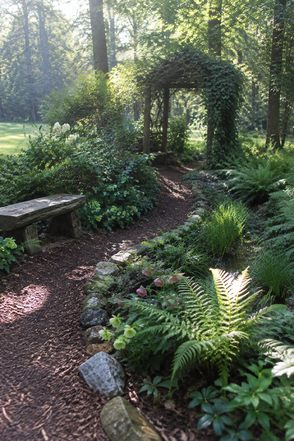 A mulched garden path lined with irregular stone edging, featuring layered ferns and flowering plants beside a vine-covered wooden arch in a wooded setting.