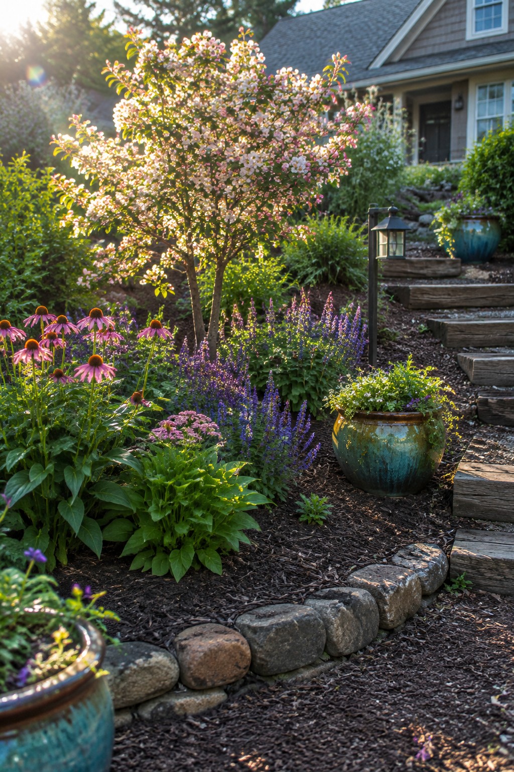 A mulched garden bed edged with rounded stones features layered plants including a blooming tree, pink coneflowers, purple salvia, and a large ceramic pot beside wooden steps.