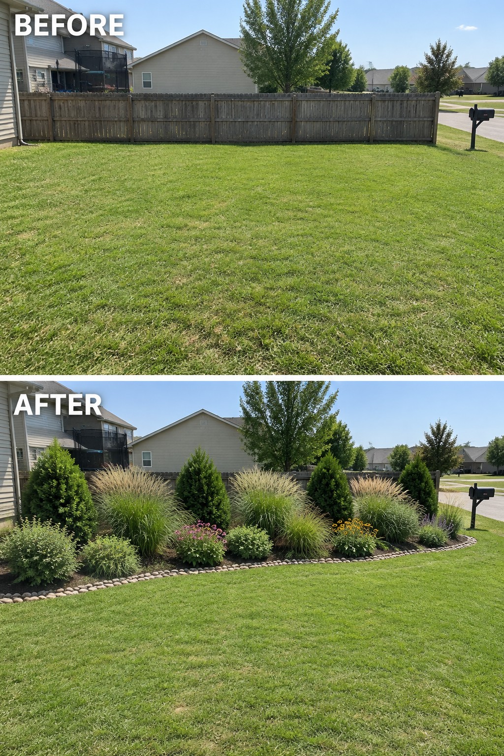 Before and after backyard lawn transformed into landscaped garden with shrubs and grasses.