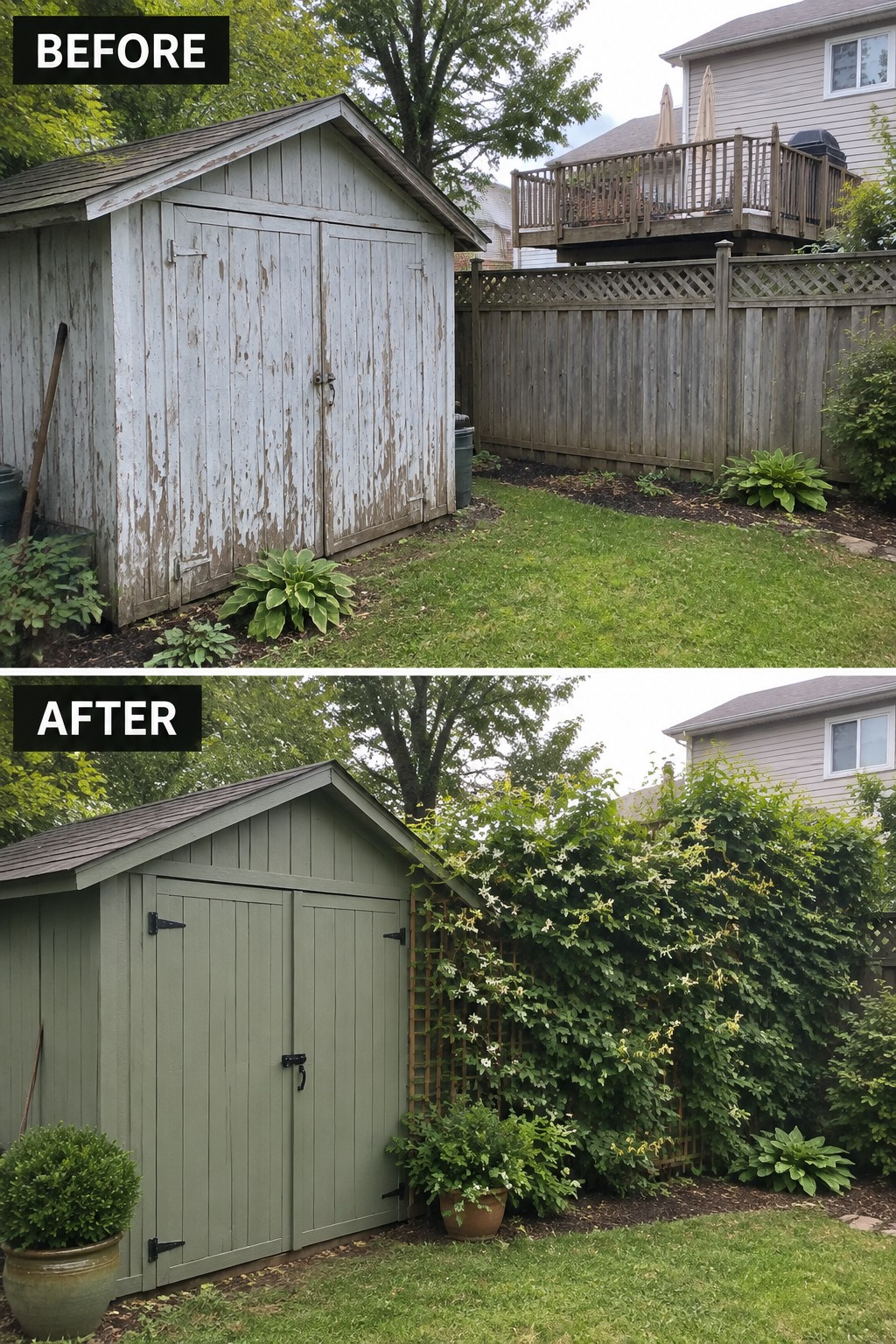 Before and after of weathered white shed repainted green with added vines and plants