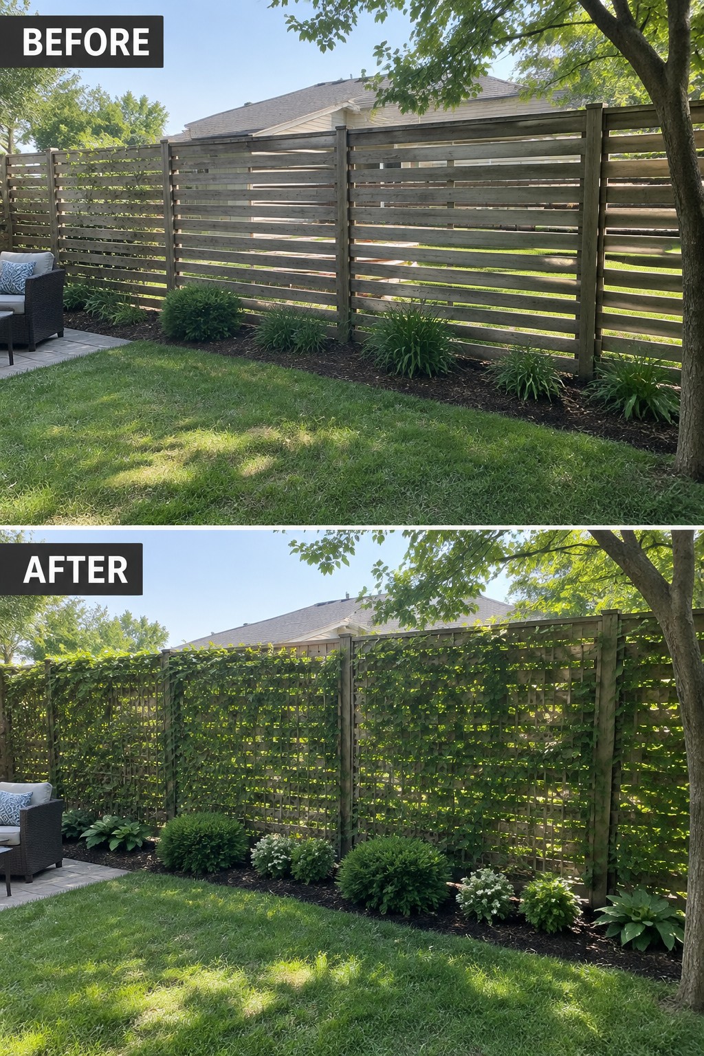 Before-and-after image of a backyard fence changed from plain horizontal wood with low shrubs to mostly covered with climbing vines and fuller plantings along the base.