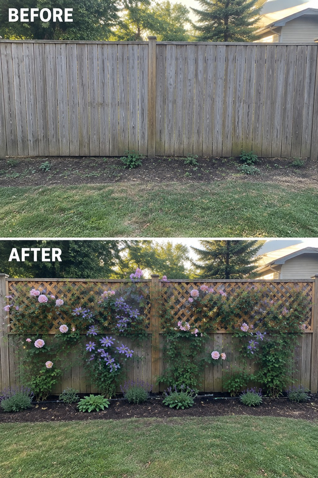 Before-and-after image of a plain wooden fence changed into a planted privacy screen with lattice panels, climbing roses, clematis, and low shrubs along the base.