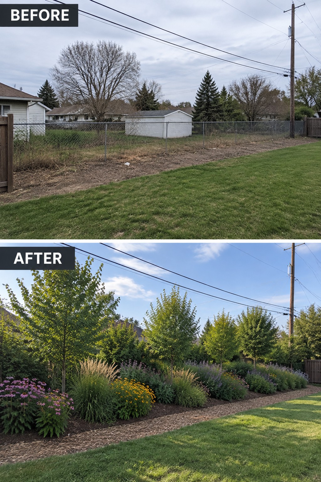 Before and after of bare yard transformed into lush garden with trees and flowers.