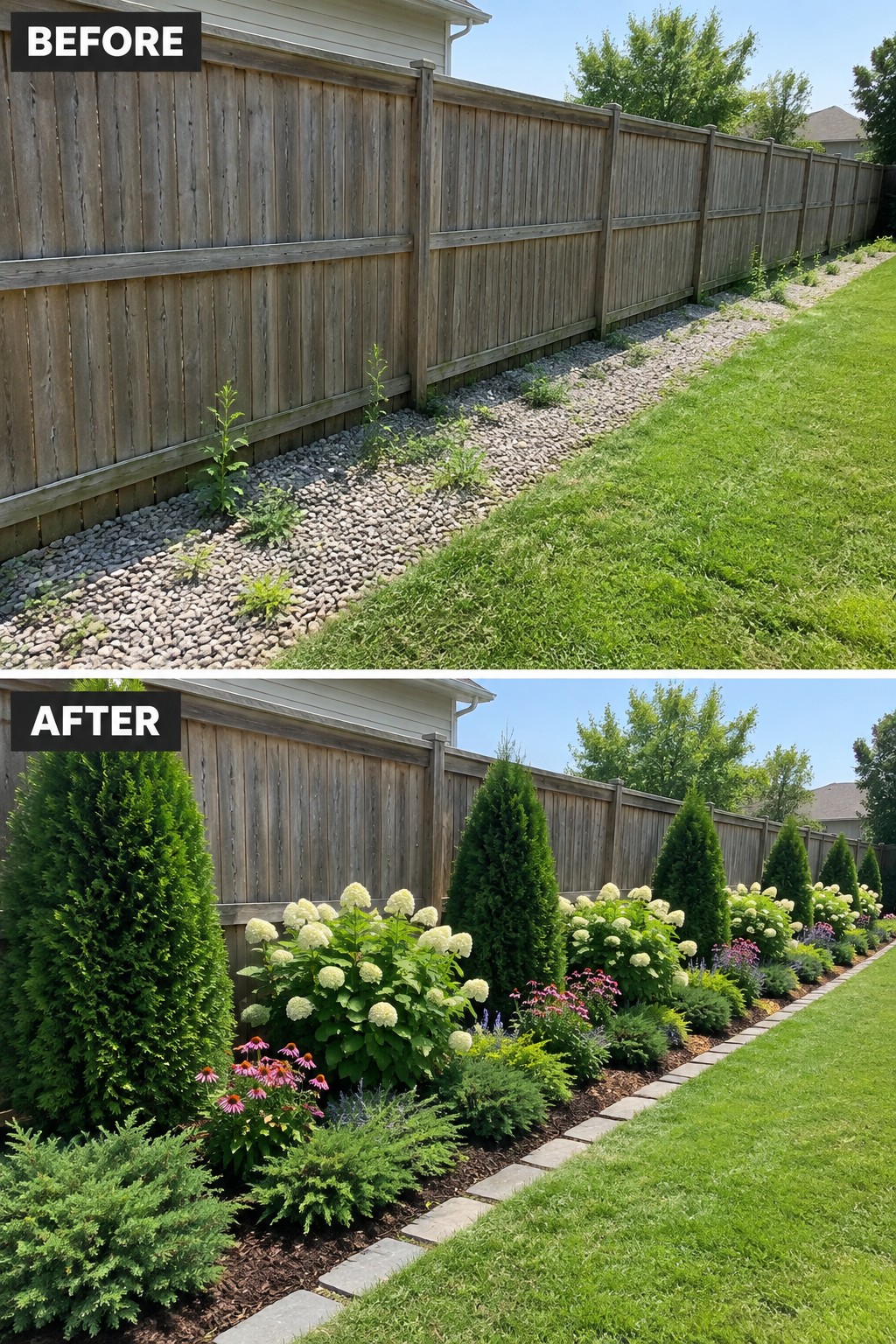 Before and after backyard garden makeover along wooden fence with plants and mulch