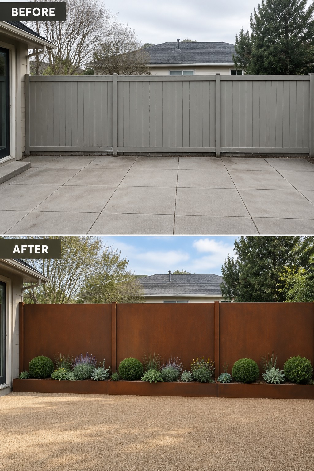 Before gray fence on concrete patio; after rusted steel with planted garden bed.
