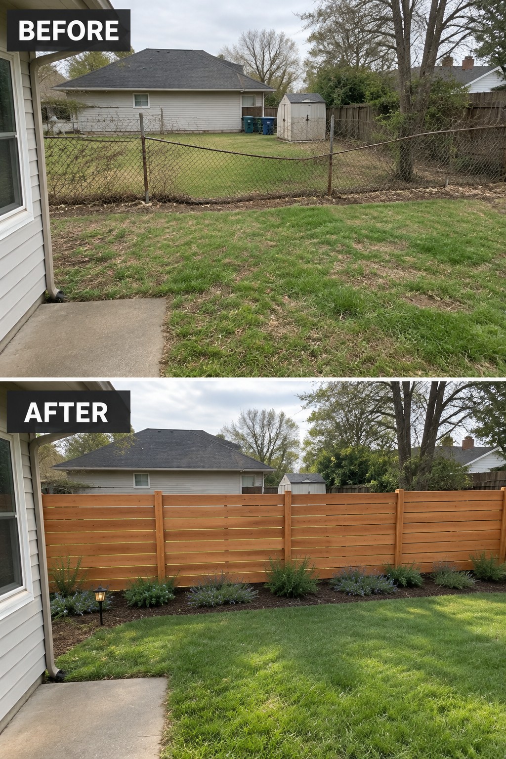 Before and after: chain-link fence replaced by wooden privacy fence with landscaping