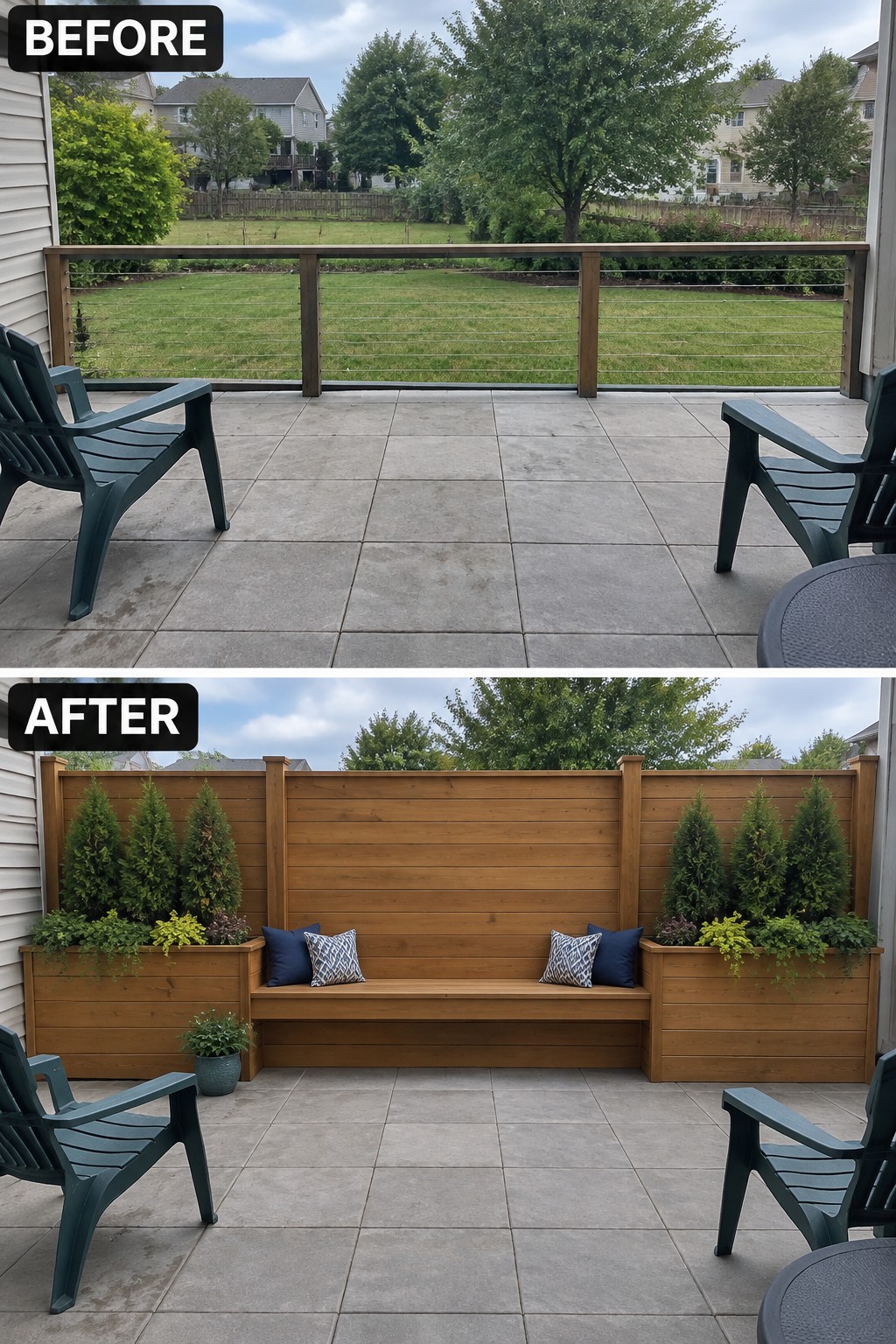 Before and after patio views with new wooden bench, planters, and fence.