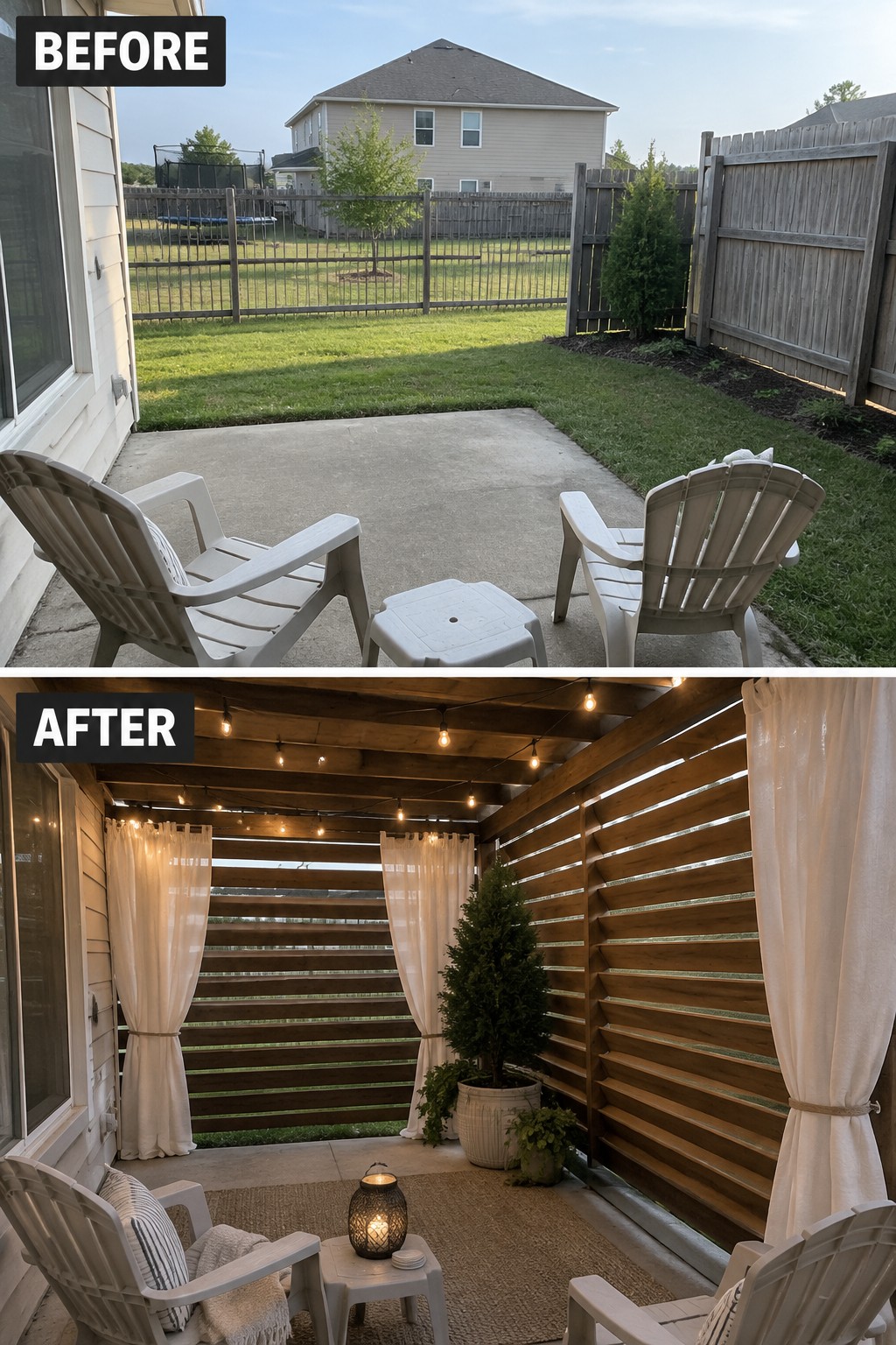 Before and after patio transformed with wooden slats, string lights, and curtains.