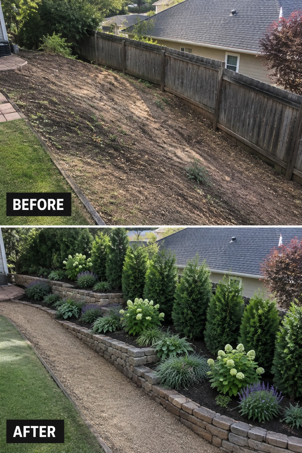 Before and after of sloped backyard transformed with stone retaining walls and plants.