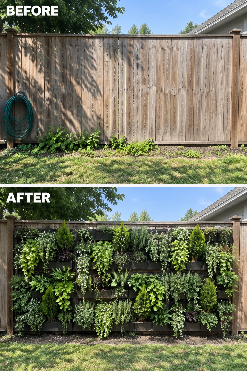 Before and after of wooden fence transformed into vertical garden wall with plants