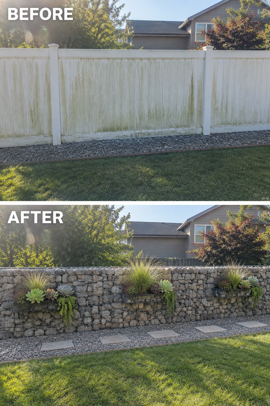 Before and after of stained fence replaced by stone gabion wall with succulents