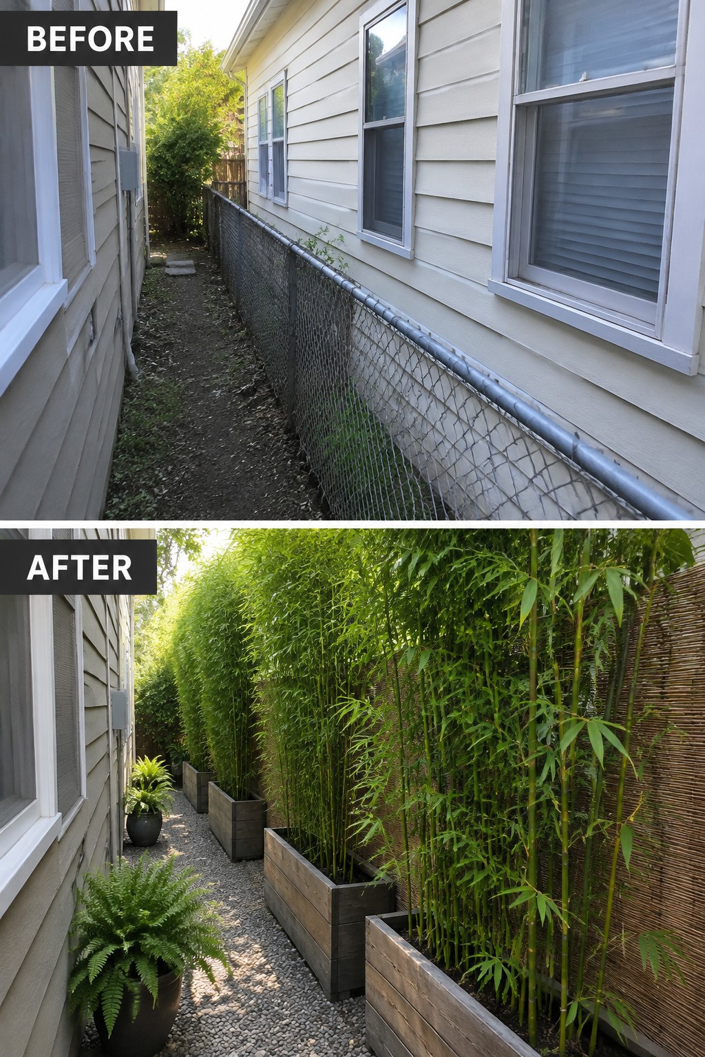 Before and after of narrow yard transformed with bamboo planters and gravel path.