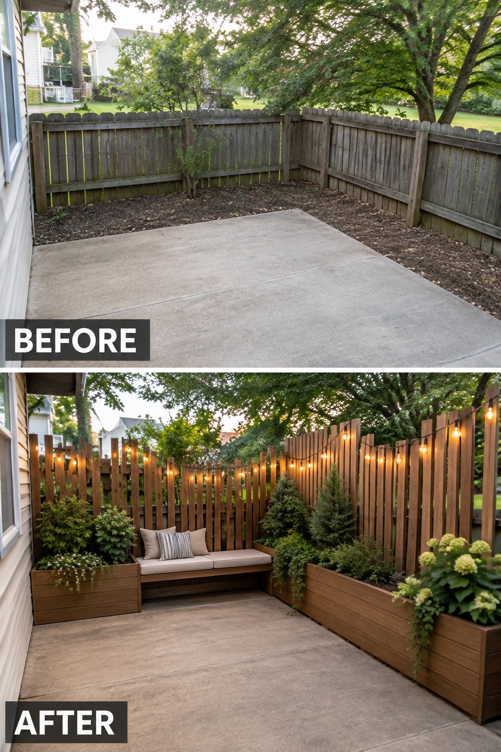 Before and after of patio with added bench, planters, and string lights on fence.