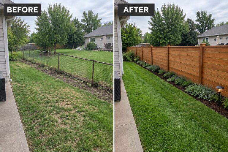24 Practical Backyard Landscaping Ideas for Privacy Along Property Lines Before and after: chain-link fence replaced by wooden privacy fence with landscaping