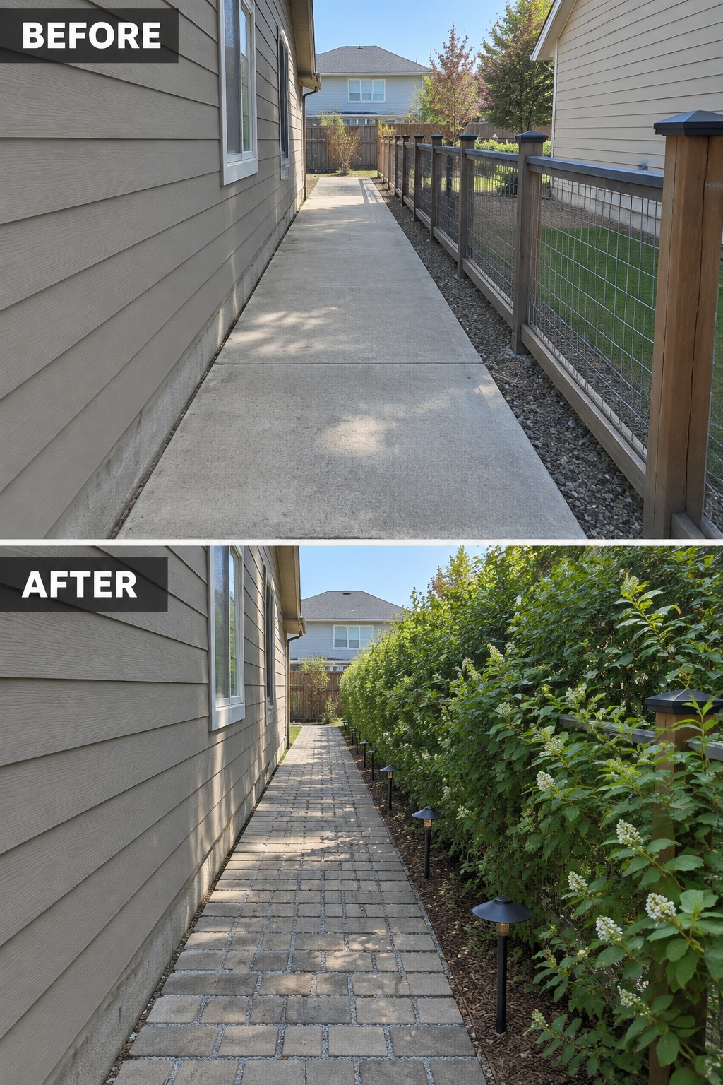 Before-and-after of concrete walkway upgraded to brick pavers with bushes and lights