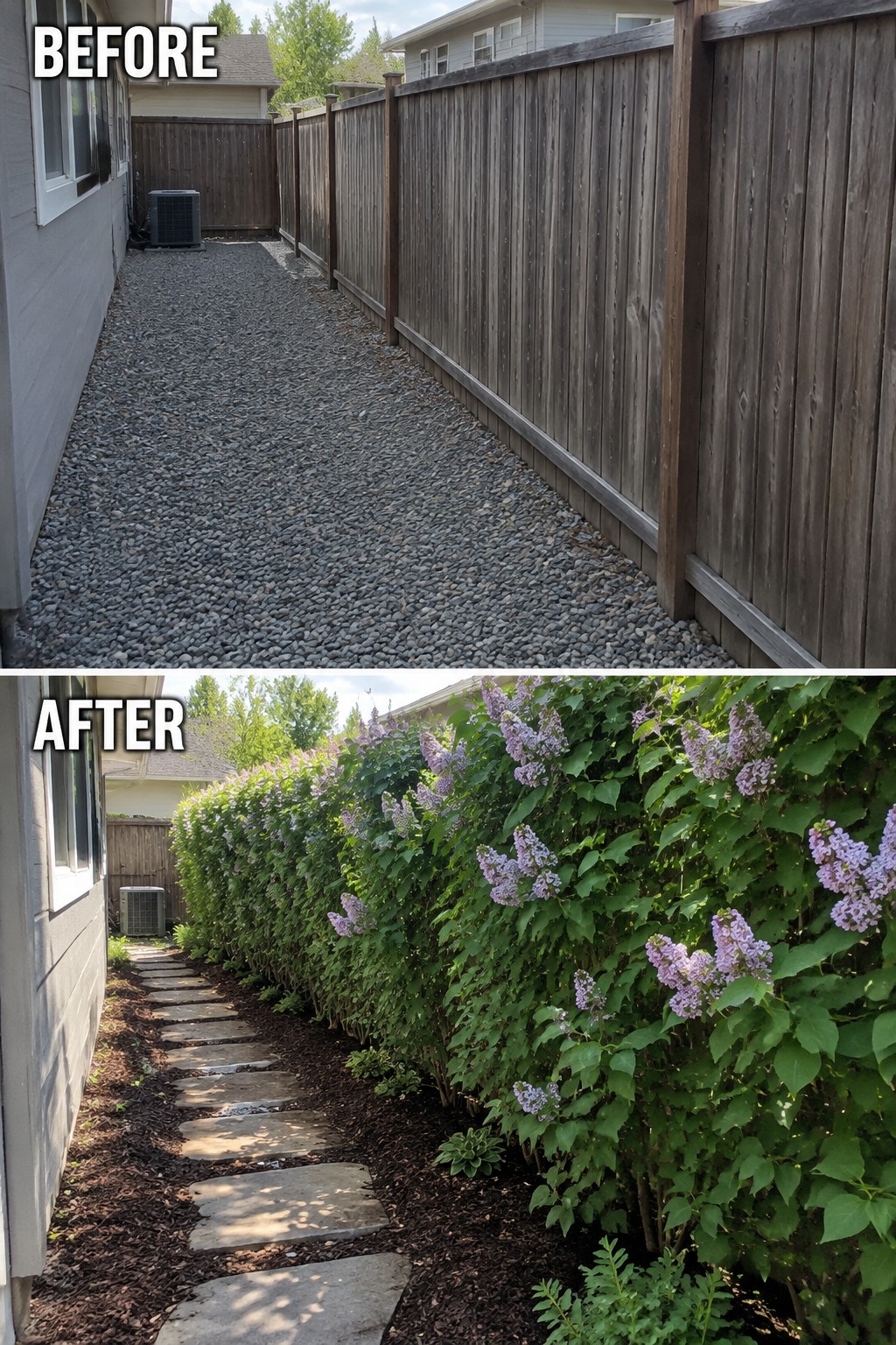 Before-and-after backyard path: gravel replaced by stone pavers amid blooming lilac bushes.