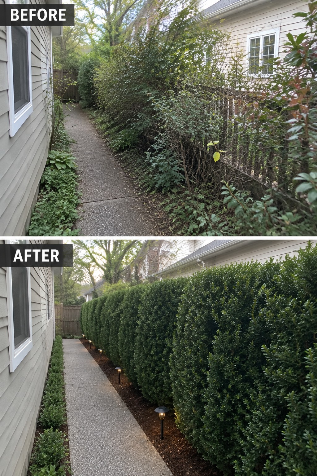 Before and after of overgrown bushes versus manicured hedges along a backyard path.