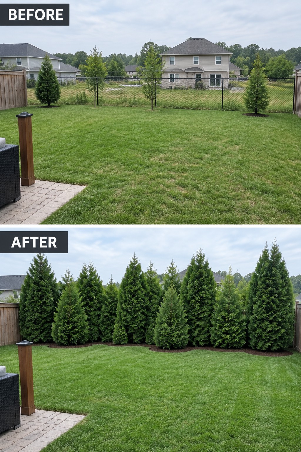 Before and after backyard with added row of tall dense evergreen trees
