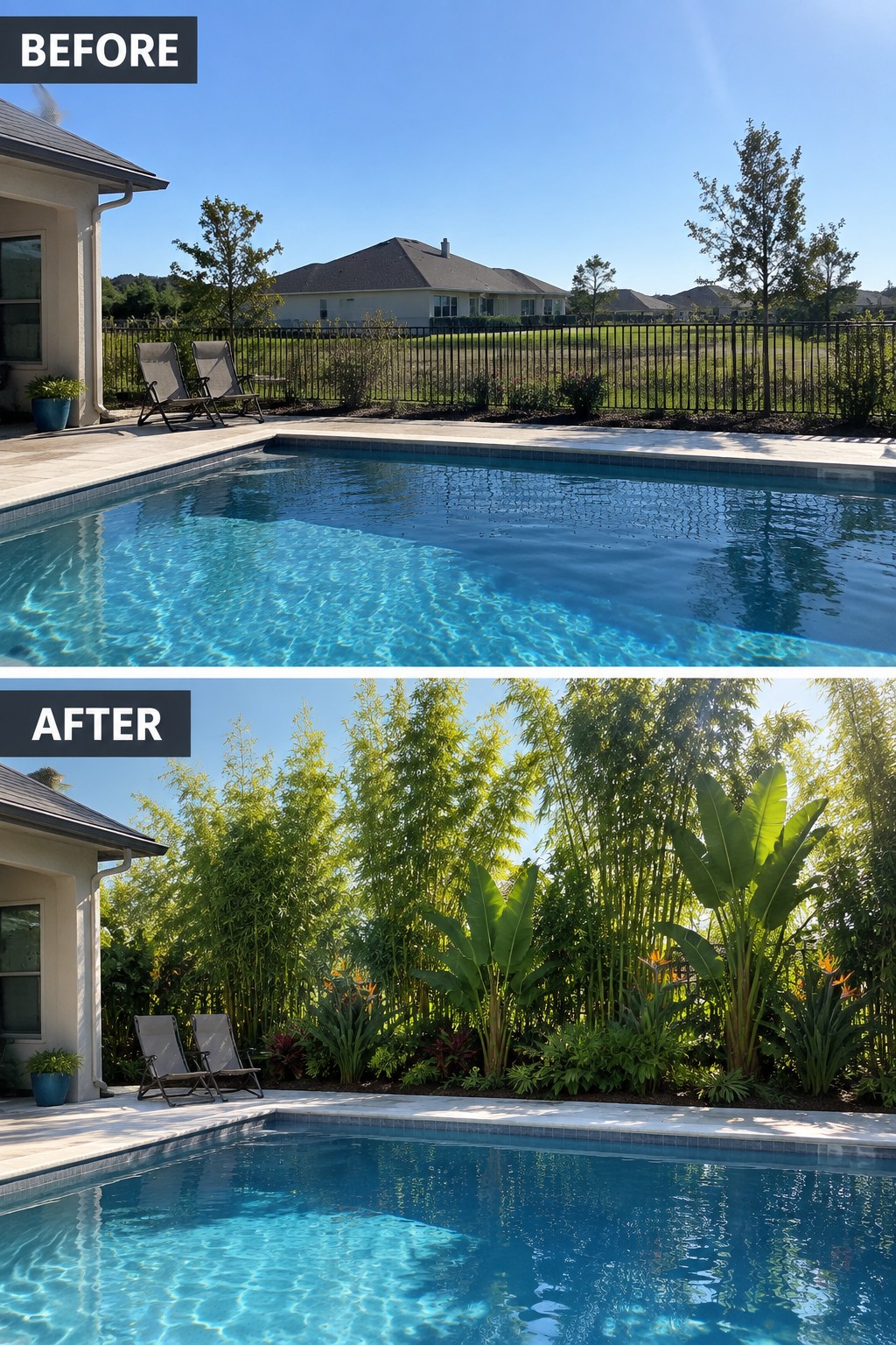 Before and after backyard pool with added dense tropical plants and bamboo