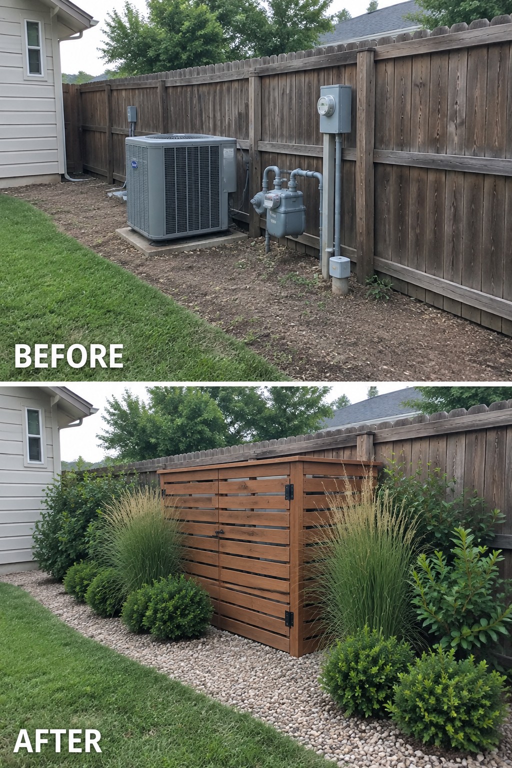 Before and after of backyard AC unit hidden by wooden enclosure with landscaping