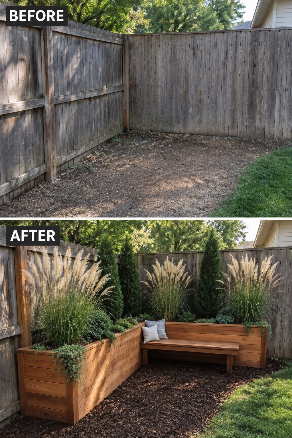 Before and after of bare yard transformed with wooden bench, planters, and tall grasses