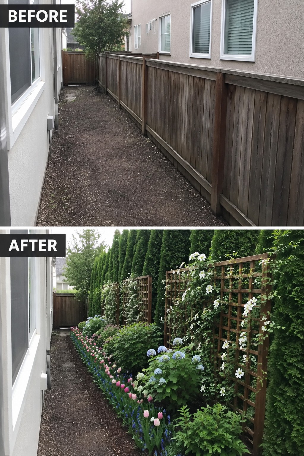 Before-and-after of narrow yard: bare dirt path transformed into colorful flower garden with trellises.