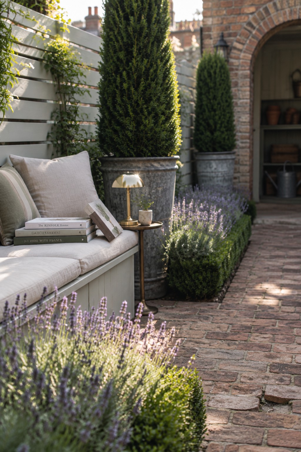 Cozy patio bench with cushions, stacked books, brass lamp, potted trees, and lavender by brick path.