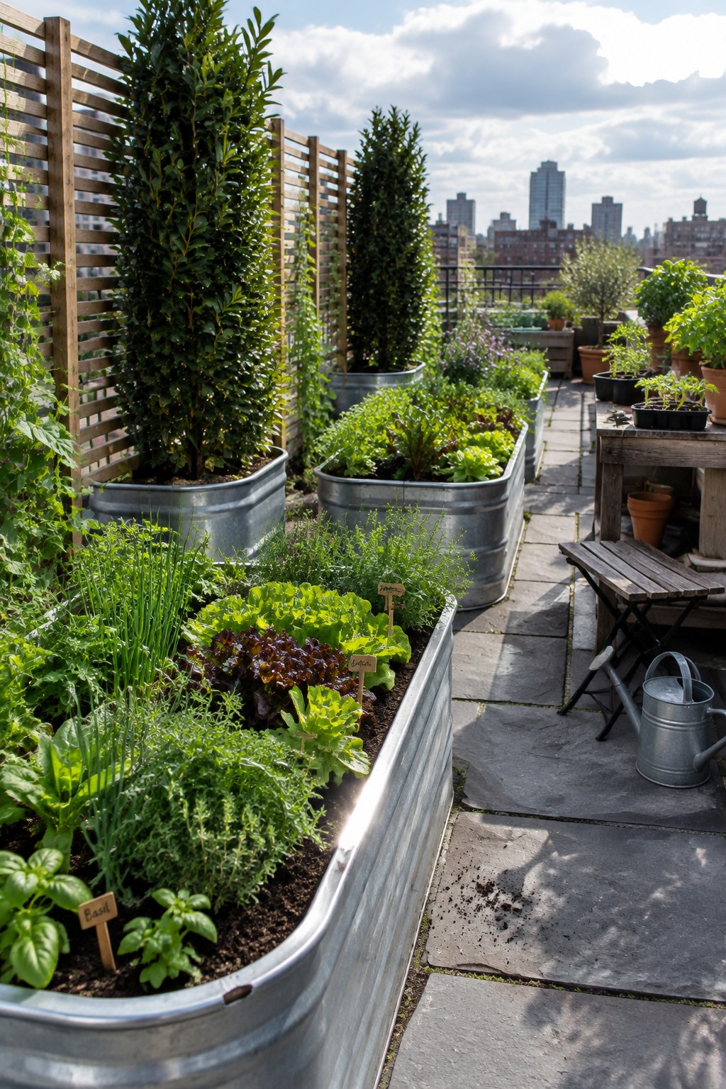 Rooftop garden with herbs in metal planters beside stone path and city skyline
