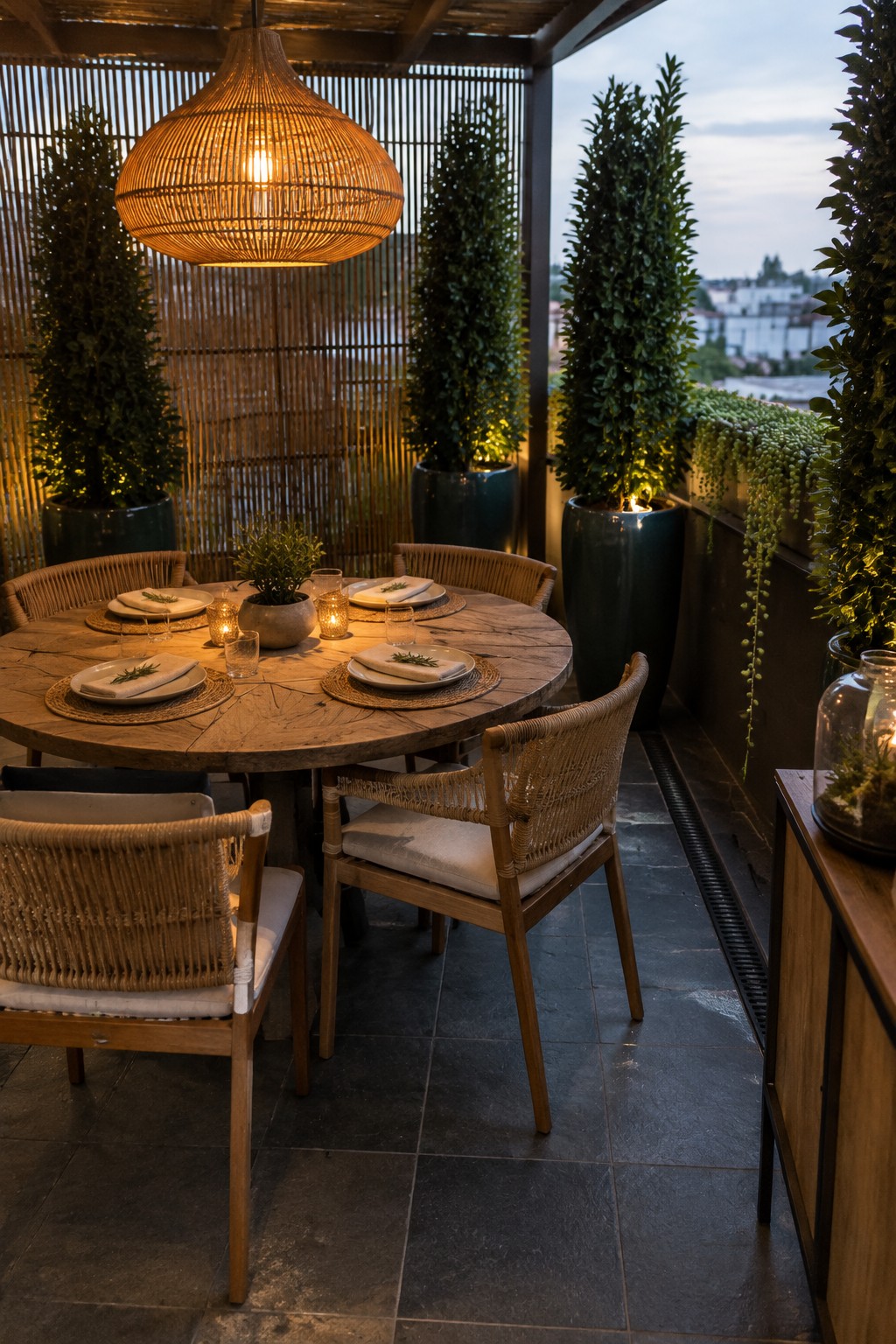 Round wooden table with rattan chairs on evening patio amid potted plants and hanging lamp