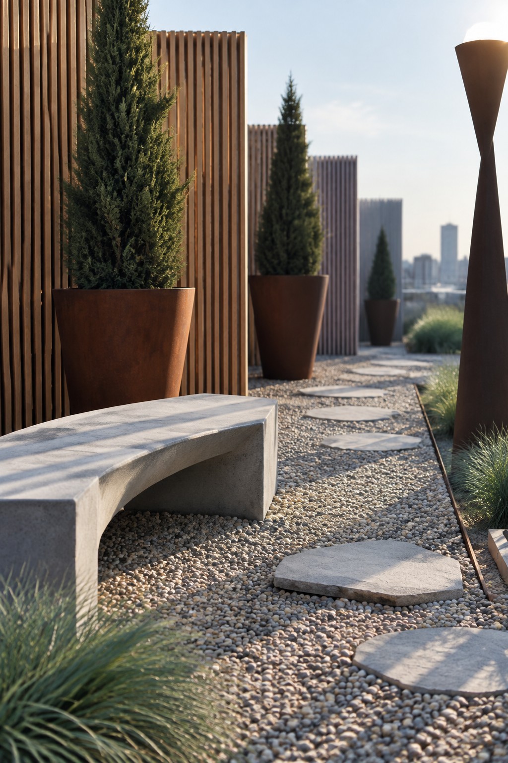 A rooftop terrace features gravel ground with irregular stepping stones, large rust-colored pots holding tall conical evergreens positioned in front of vertical wooden slat screens, a curved concrete bench, and a distant city skyline.